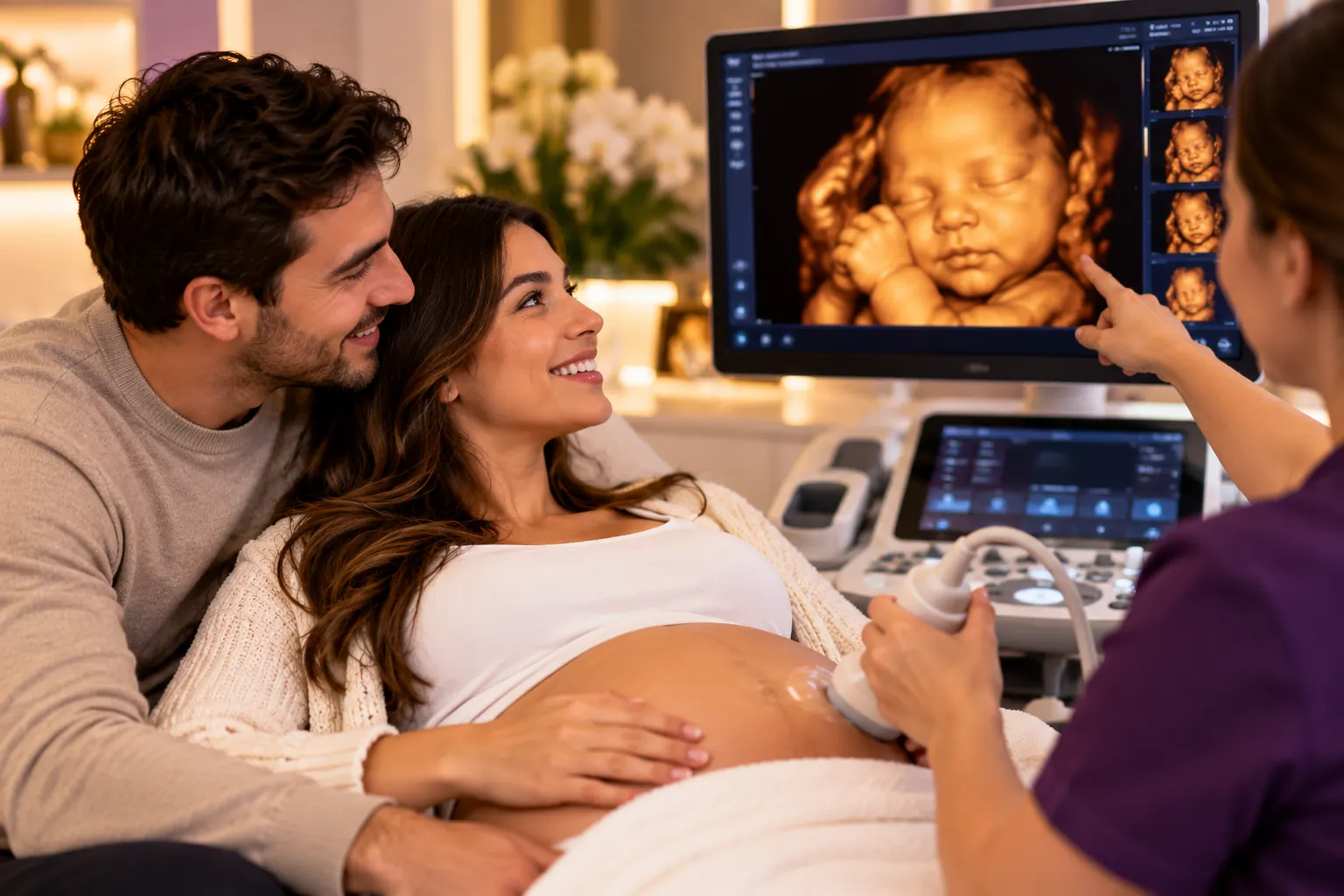 Expectant couple viewing a 4D baby ultrasound image during a scan