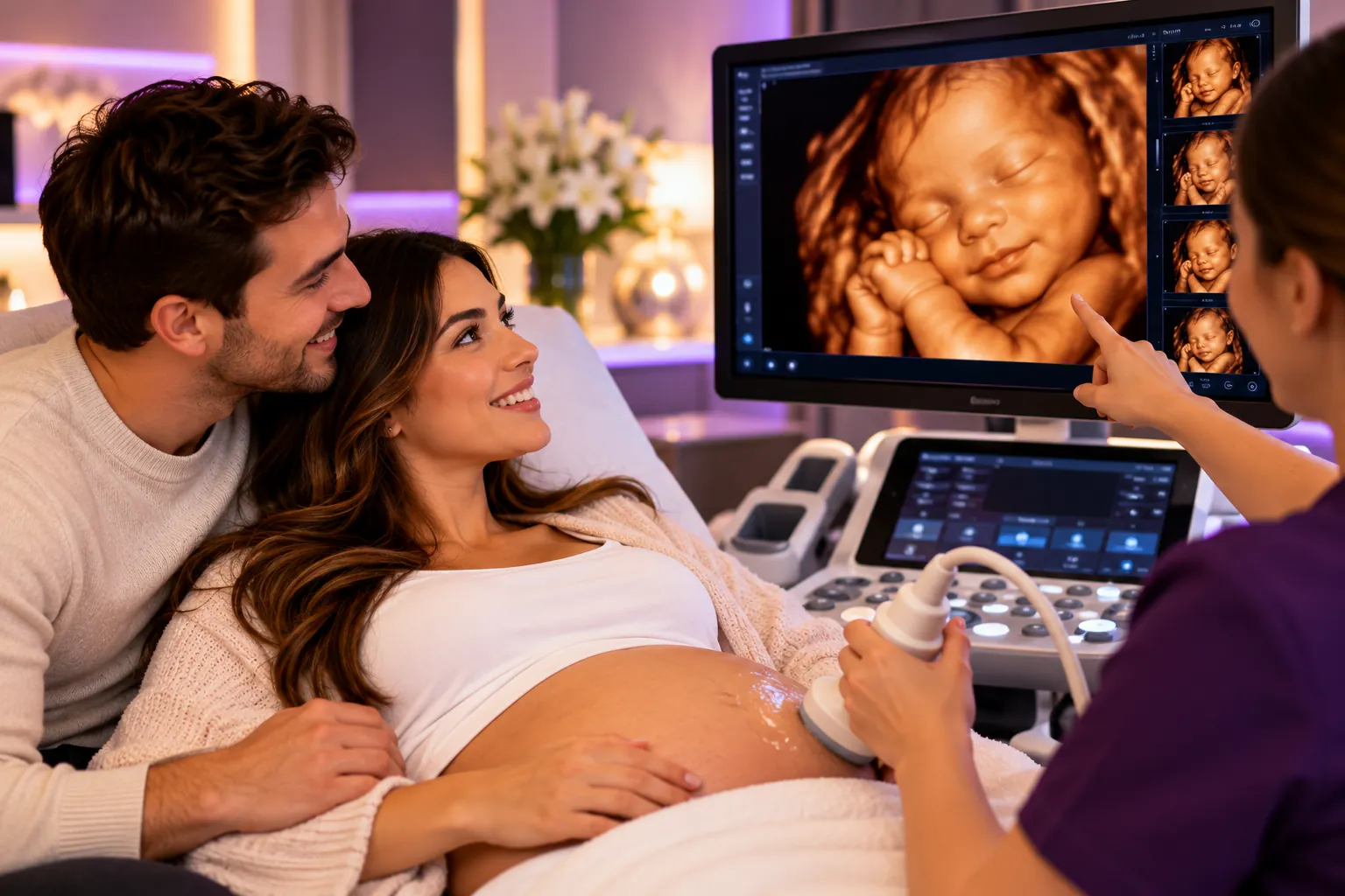 Expectant parents viewing a detailed baby ultrasound image during a 5D scan