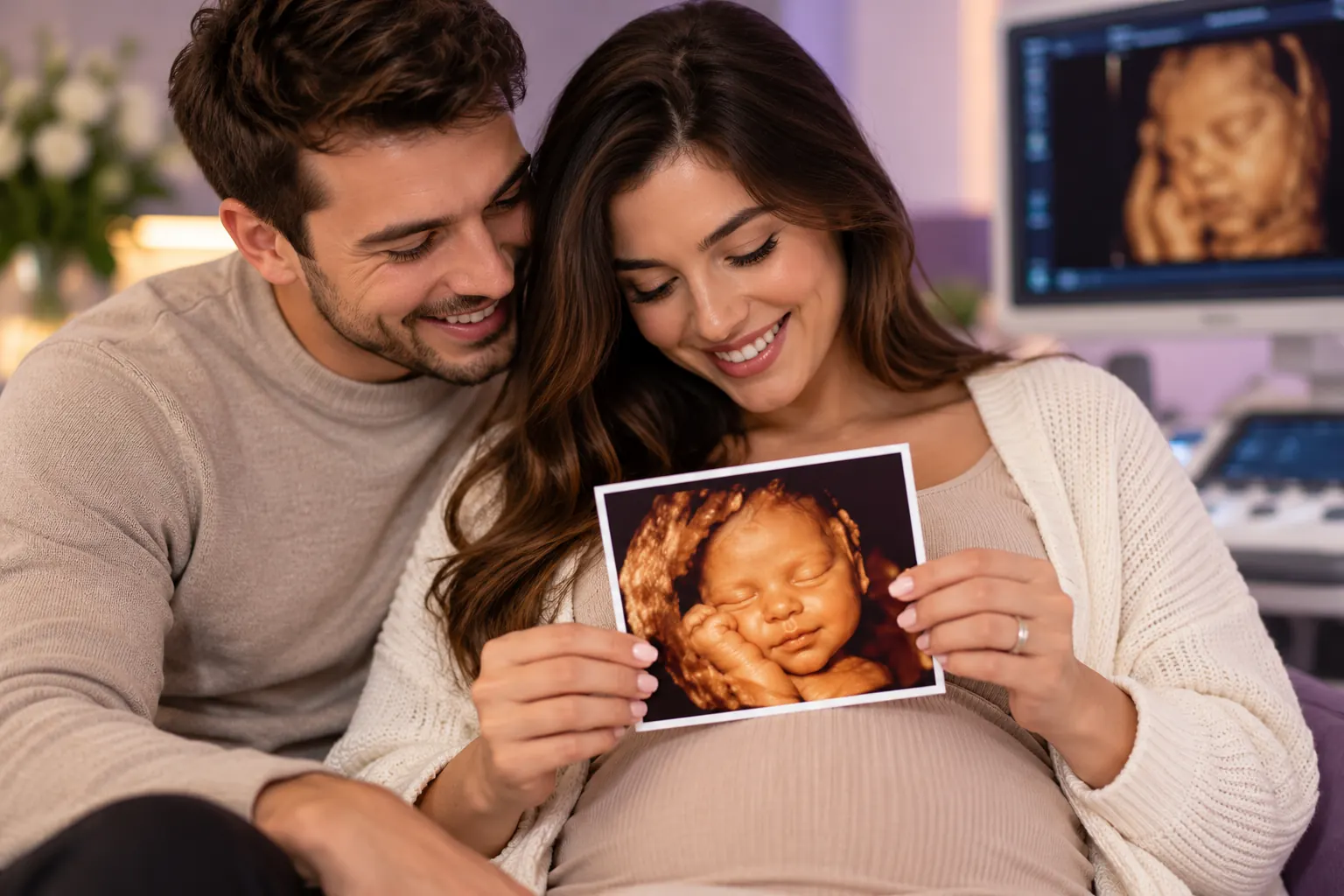 Expectant couple holding a 3D ultrasound picture of their baby